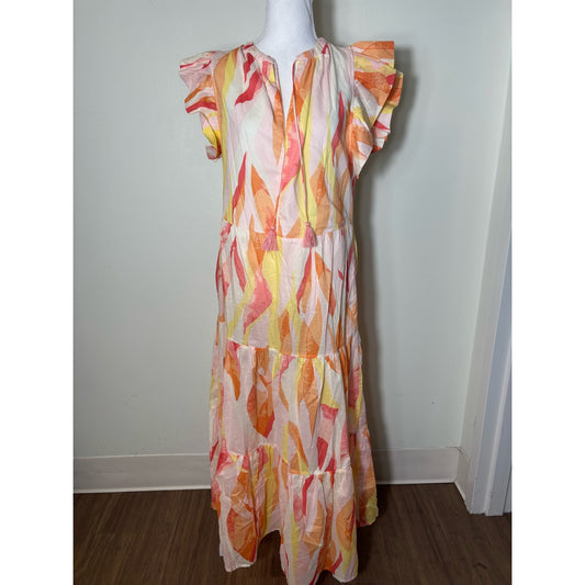 Elan Pink Orange Flutter Sleeve Tiered Cotton Maxi Dress Sz M