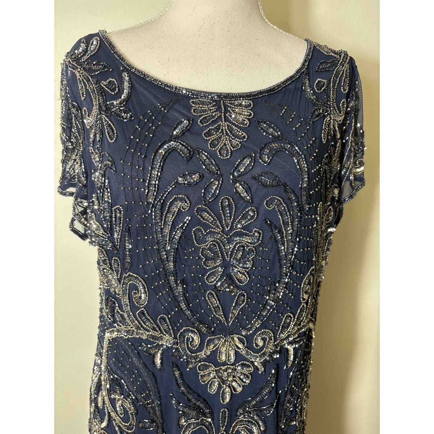 Pisarro Nights Navy With Gold and Silver Sequin Gown Sz 14