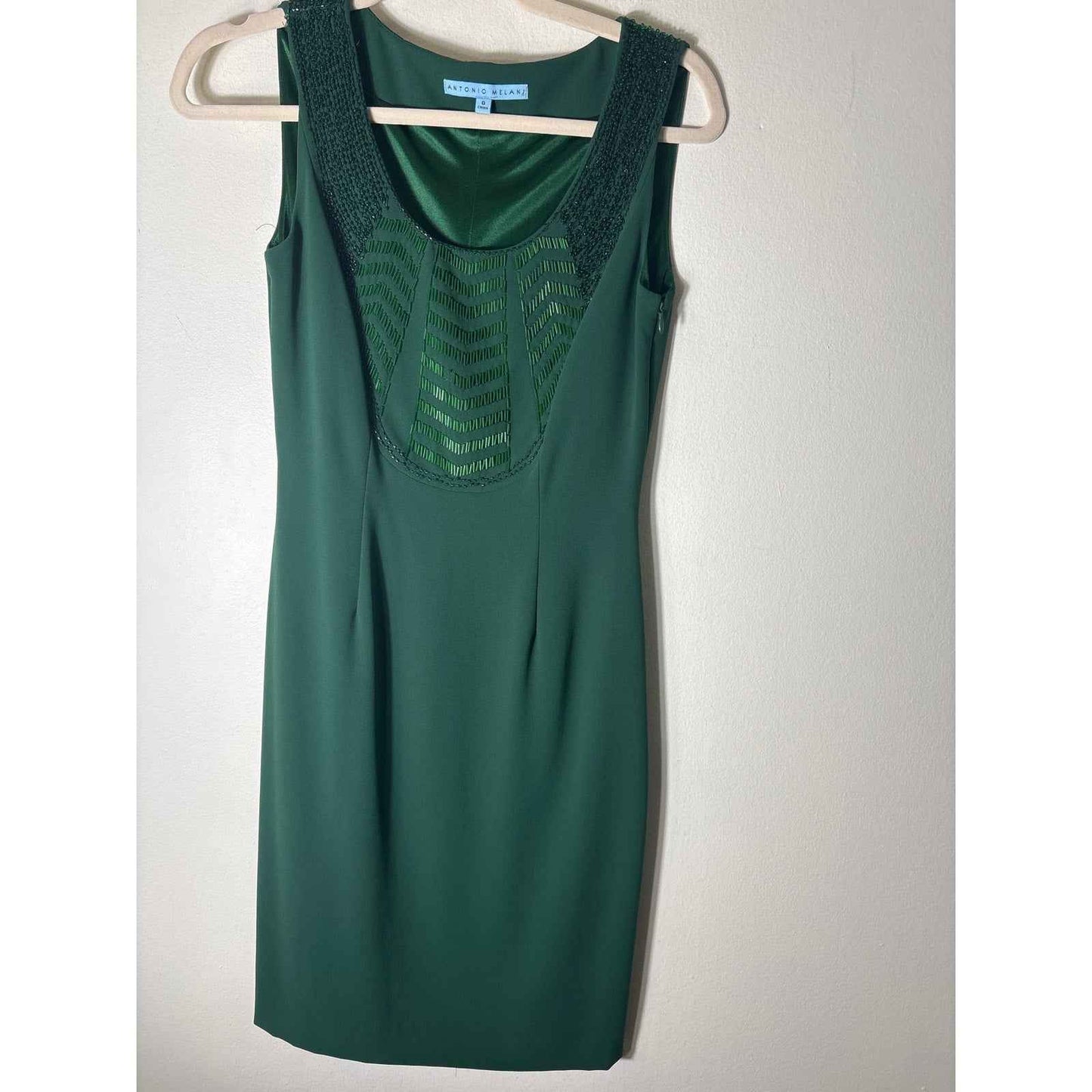 Antonio Melani Dark Green Sleeveless Beaded Knee Length Sheath Dress Sz 0