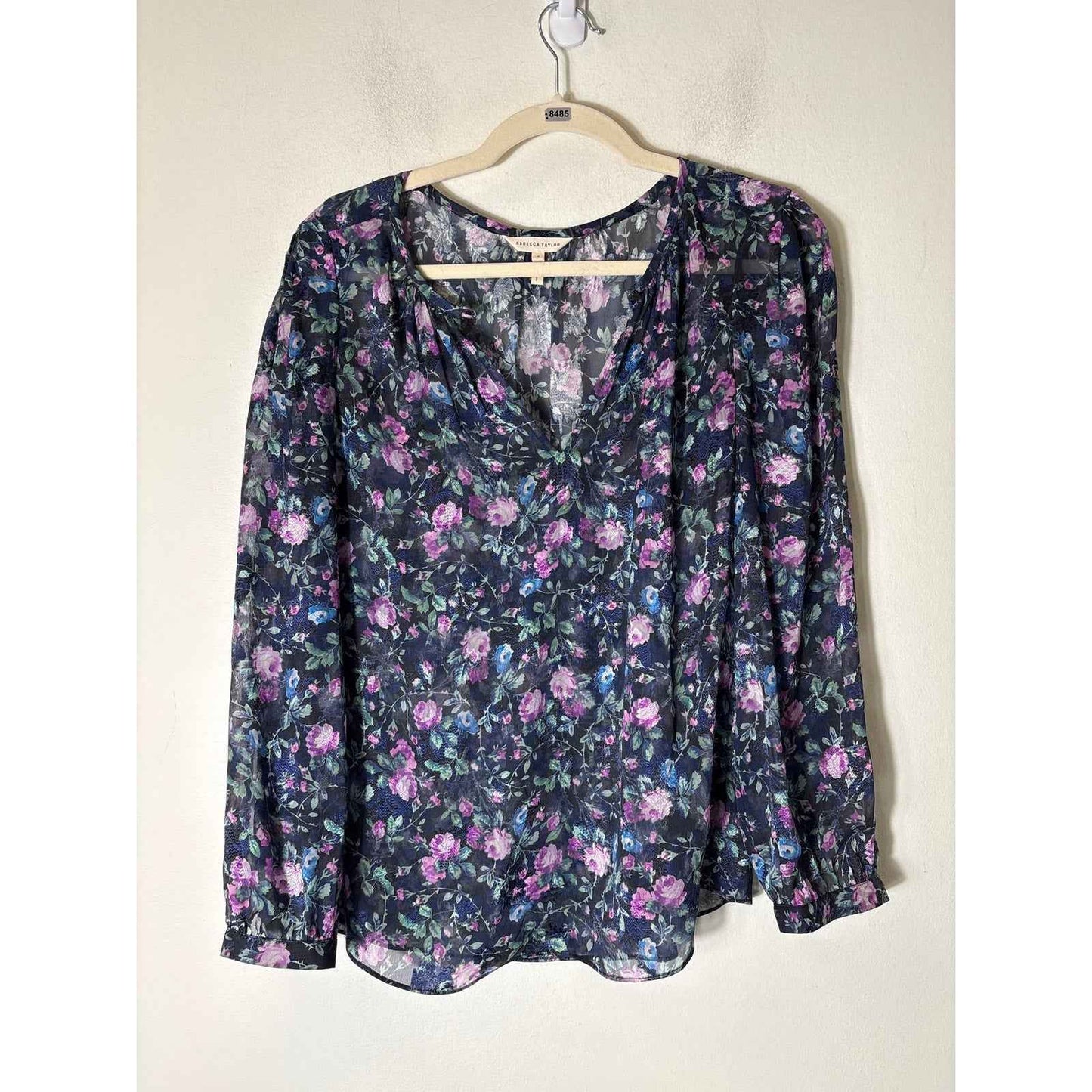 Rebecca Taylor Purple and Blue Floral Sheer Long Sleeve Shirt Sz 4