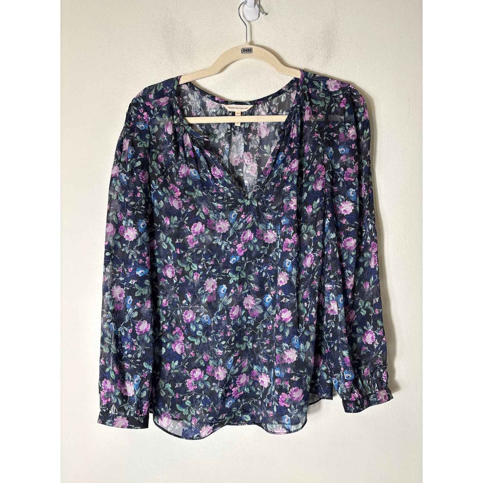 Rebecca Taylor Purple and Blue Floral Sheer Long Sleeve Shirt Sz 4