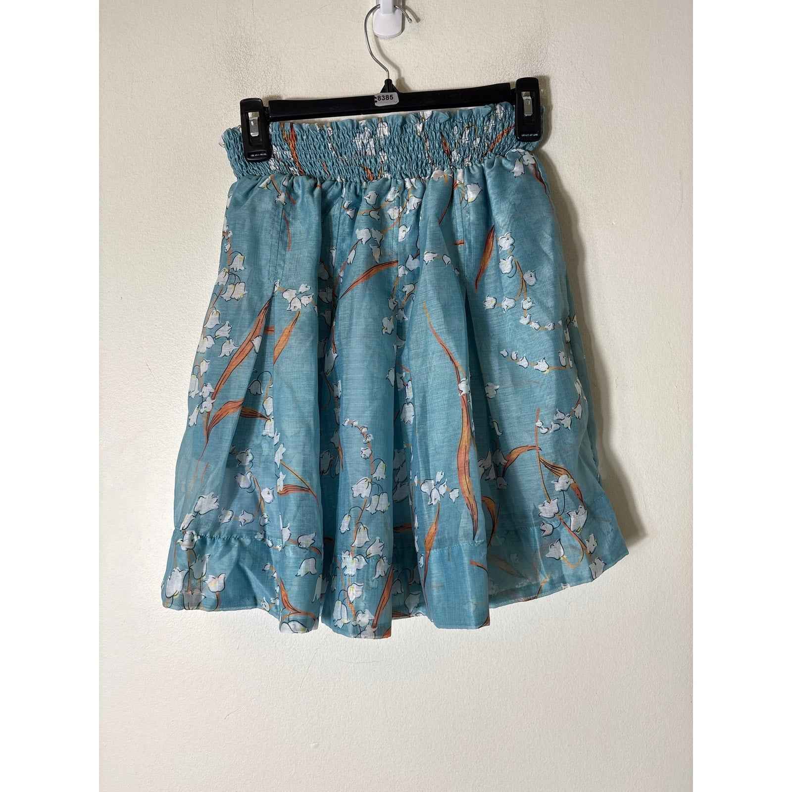 NWT Buru Blue Lilly of The Valley Smocked Waist Mini skirt Sz M