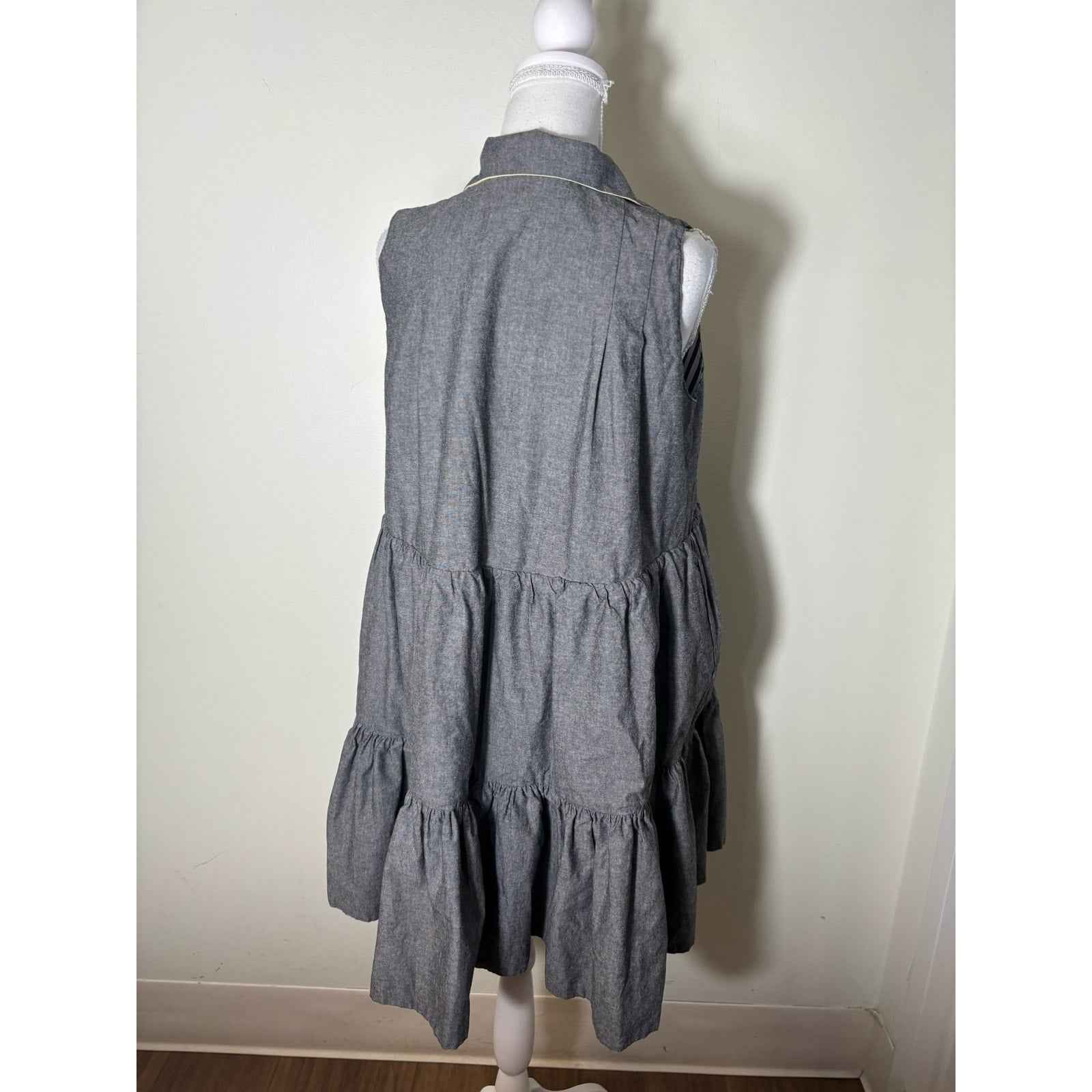 Buru Gray and Black and White Stripe Reversible Sleeveless Tiered Mini Dress Sz