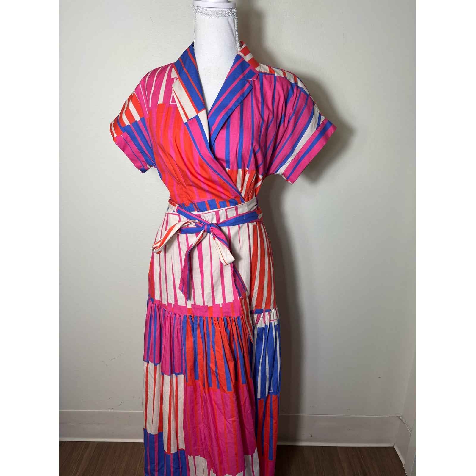 Hutch Pink Orange Blue Cap Sleeve Cotton Maxi Dress Sz S