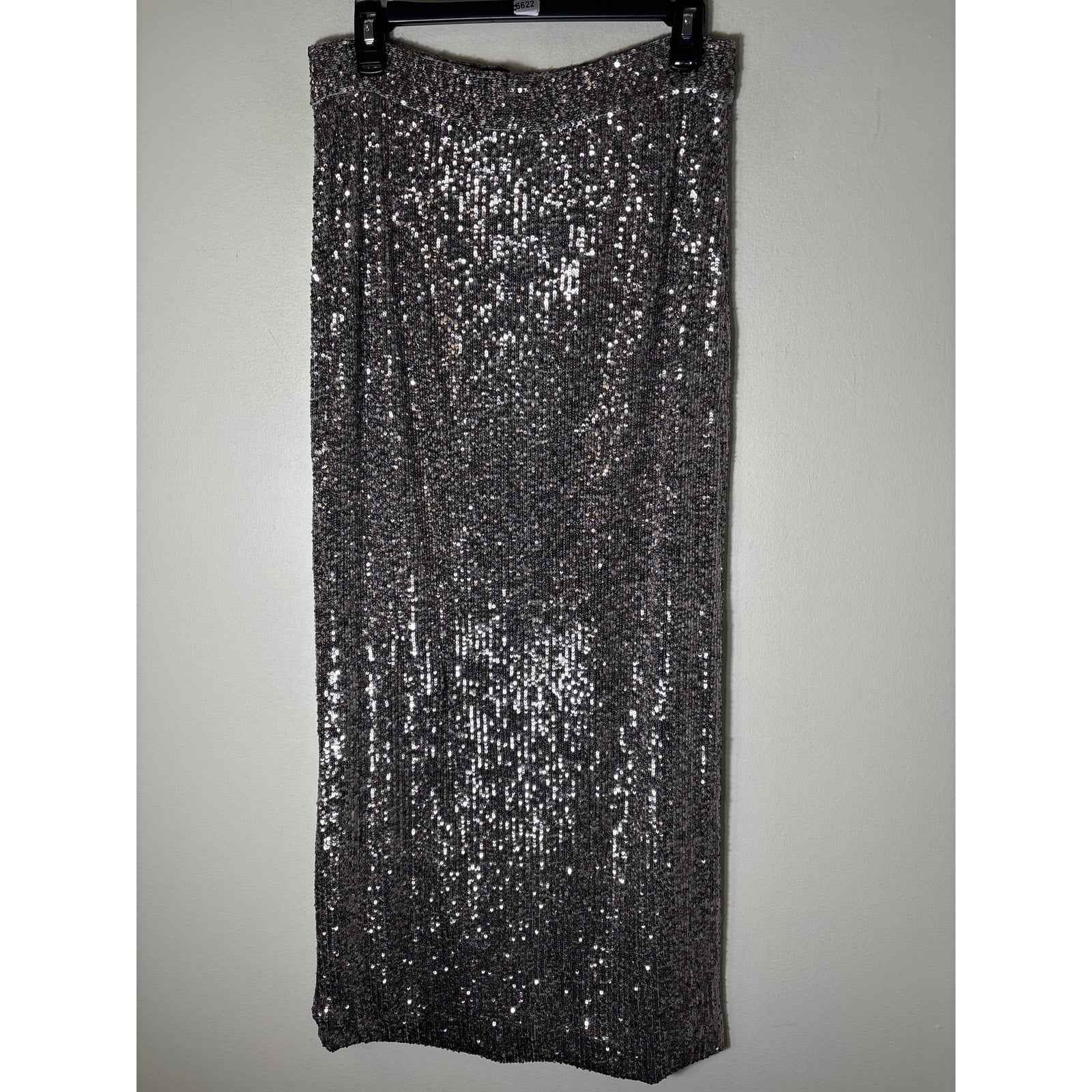 Nonchalant Label Silver Sequince Long Column Skirt with Zipper Detailing Sz M
