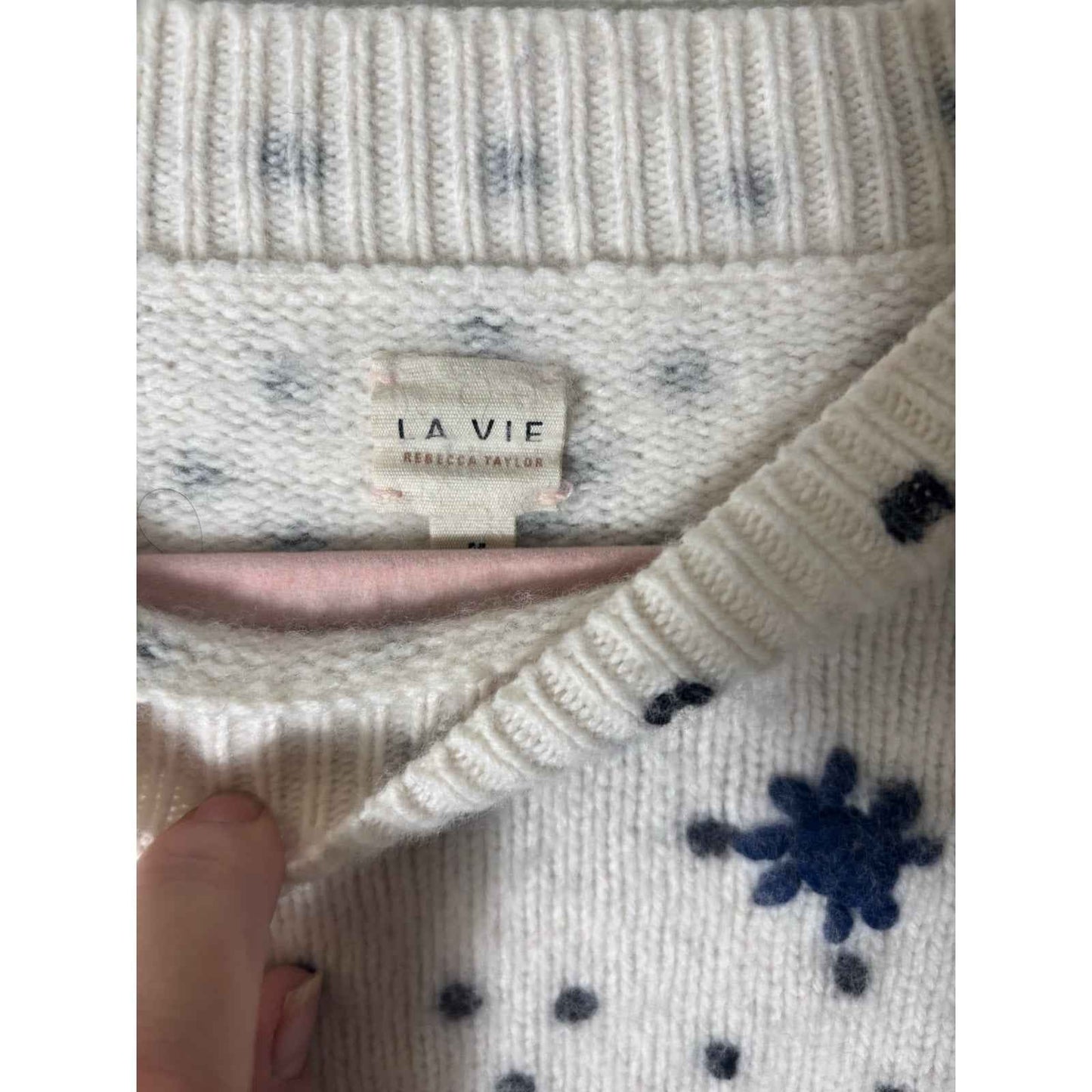 La Vie Rebecca Taylor White Long Sleeve Sweater with Black Polka Dots and Navy Blue Stars Sz M