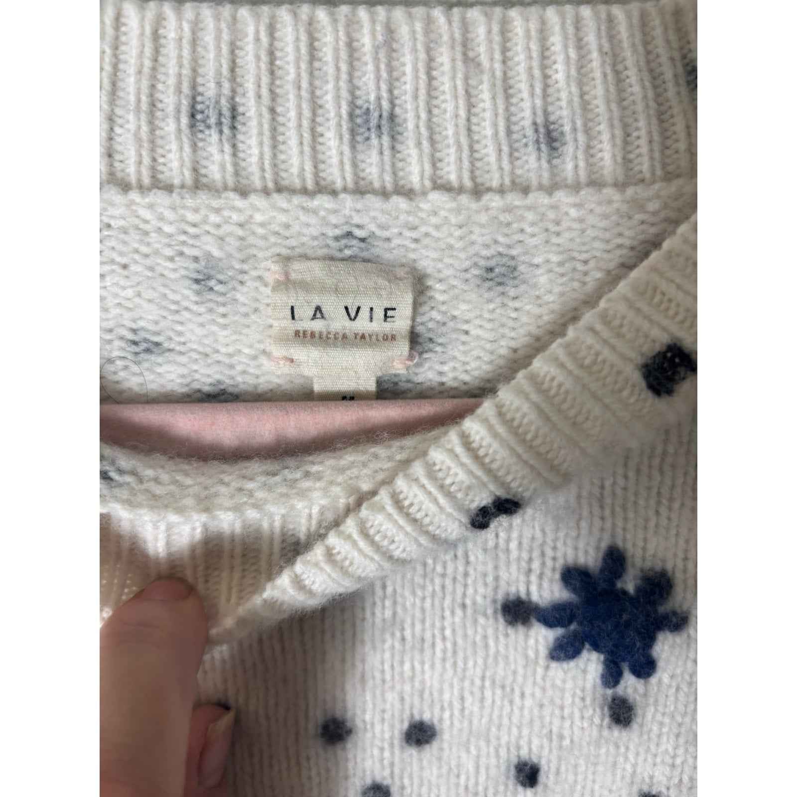 La Vie Rebecca Taylor White Long Sleeve Sweater with Black Polka Dots and Navy Blue Stars Sz M