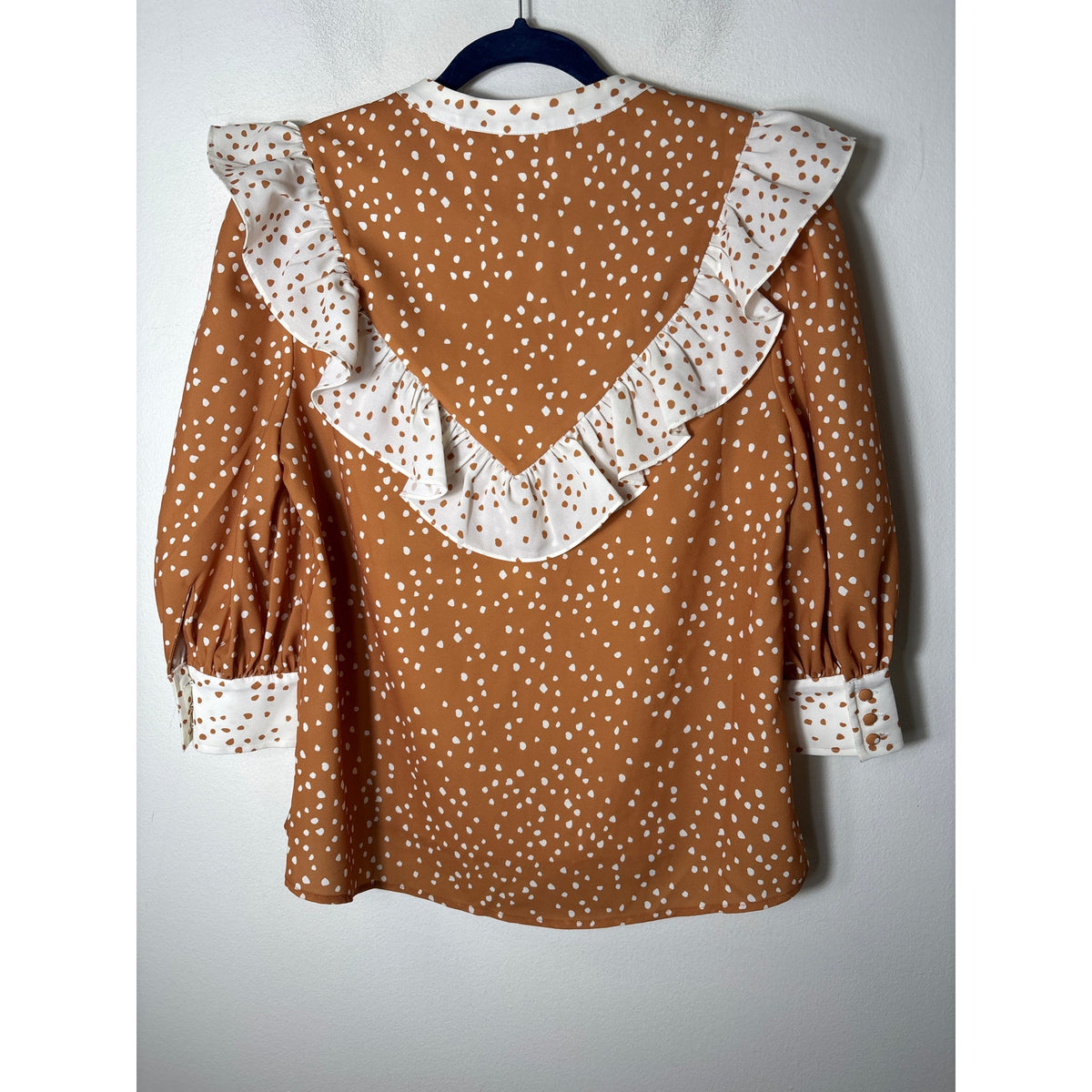 Crosby Brown and White Spotted Ruffle Blouse Sz S