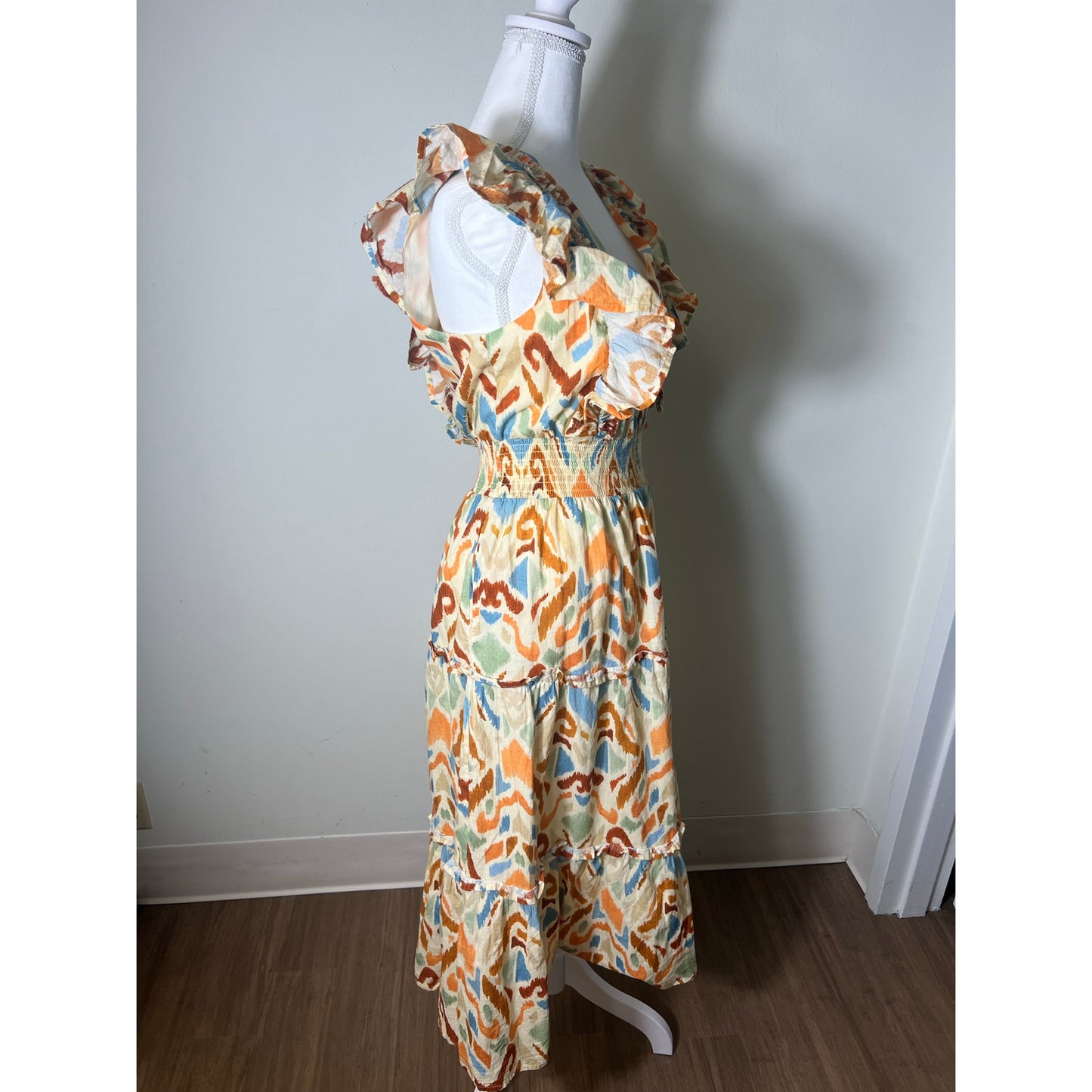 Allison New York Ikat Multi Color Flutter Sleeve V Neck Sun Dress Sz M