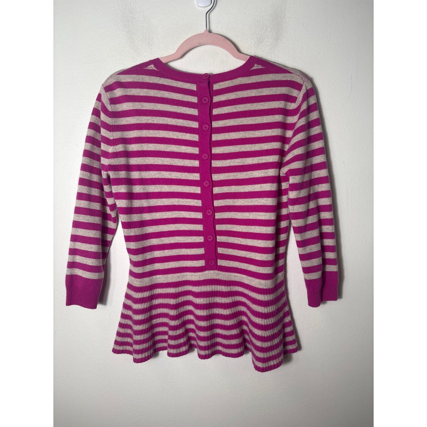 Aqua Pink and Cream Stripe Peplum Cashmere Sweater sz M
