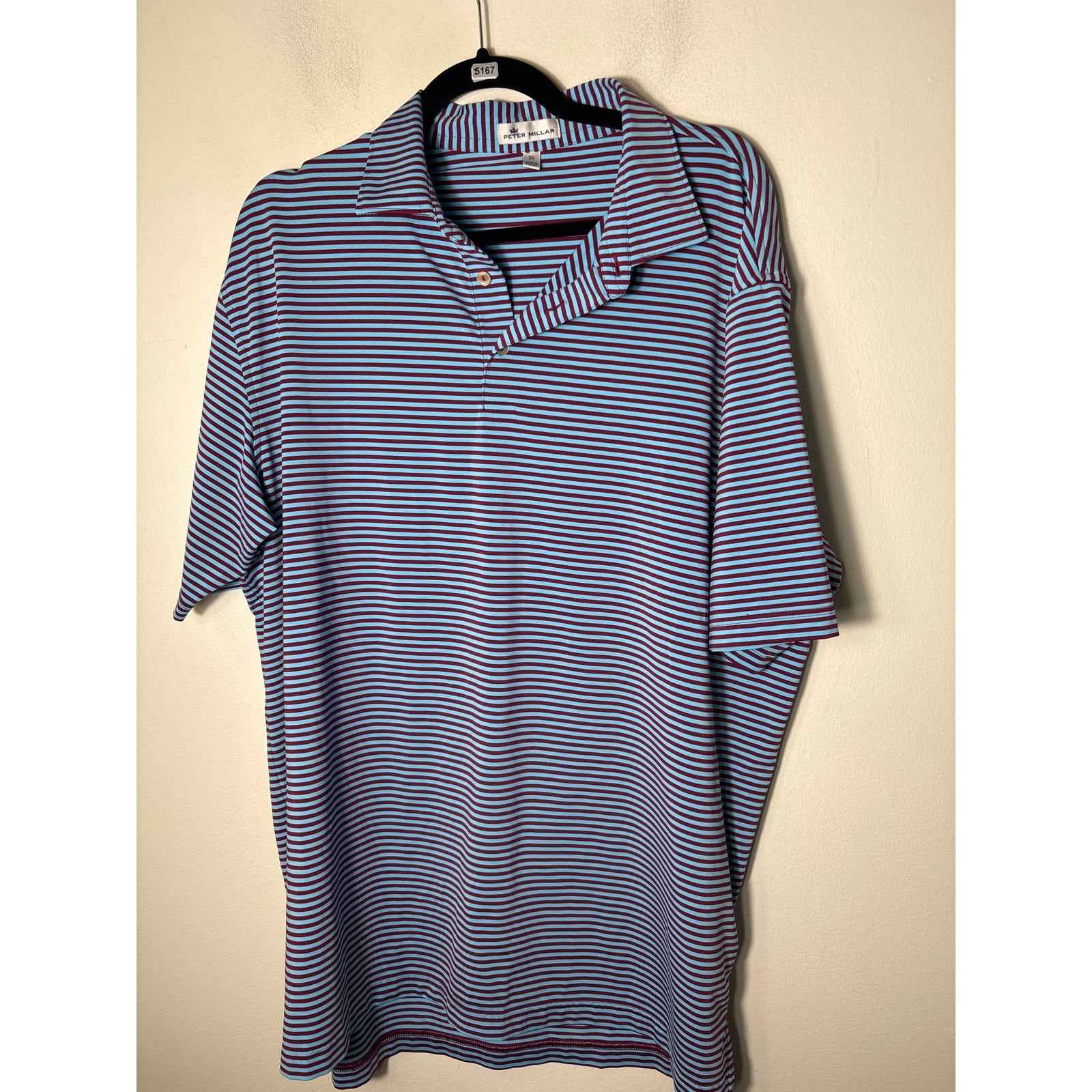 Mens Peter Millar Blue and Burgandy Striped Polo Shirt Sz XL