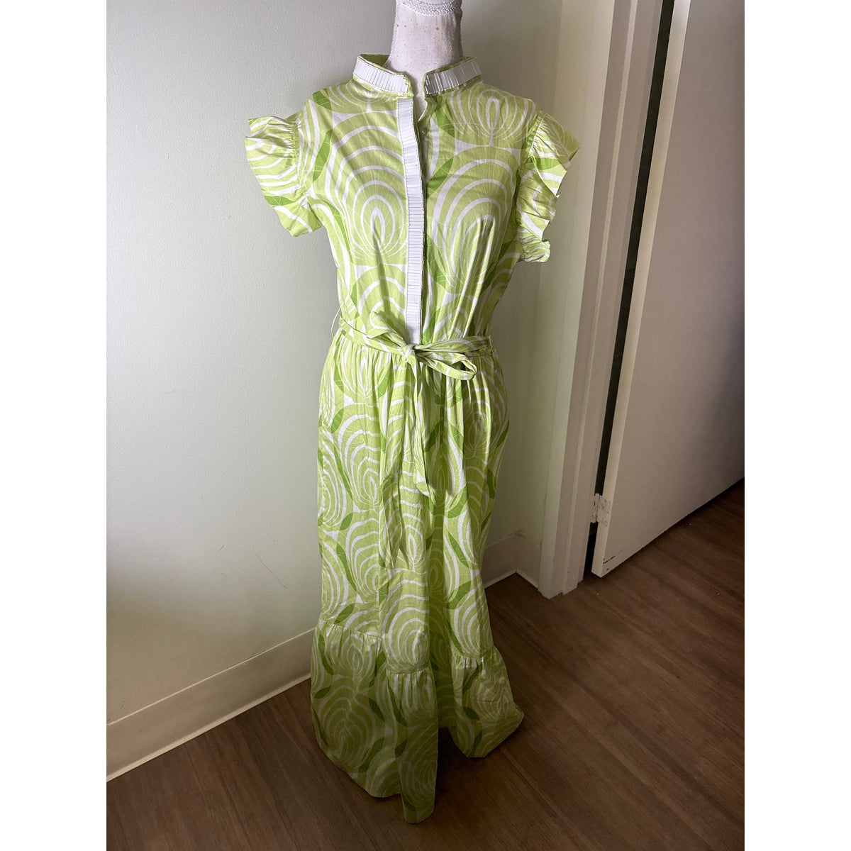 Sheridan French Lime Green White Flutter Sleeve Maxi Dress Sz L
