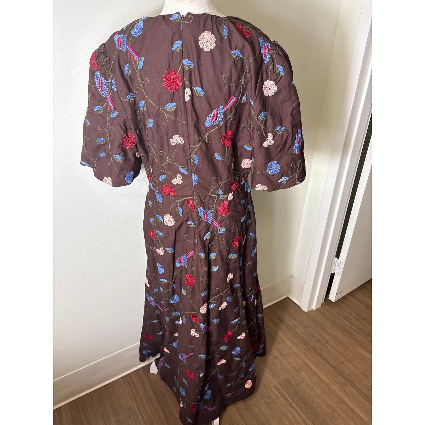 NWT Pearl By Lela Rose Chestnut Multi Color Embroidered Cotton Midi Dress Sz 12
