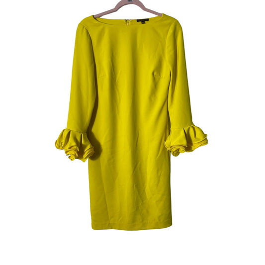 Alberto Makali Yellow Knee Length Dress With Pleated Layered Ruffled Sleeves Sz 4
