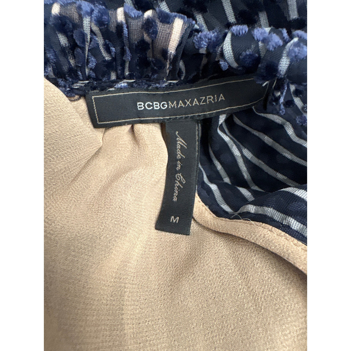 BCBG Navy Sheer Dot Overlay Cold Shoulder Blouse Sz M