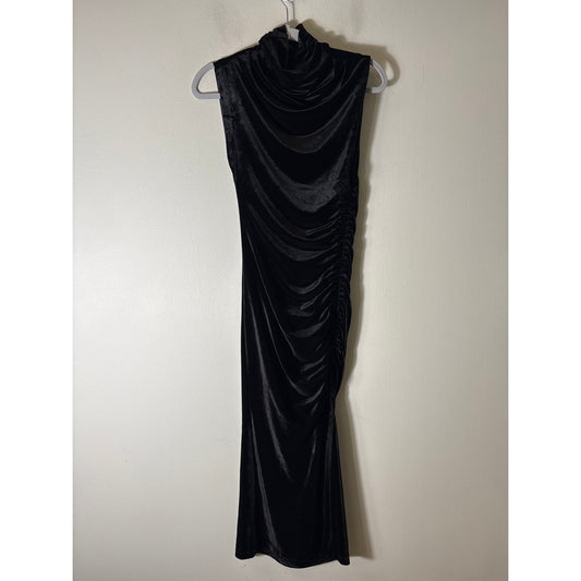 Anthropologie Black Velvet Mock Neck Scrunch Sides Maxi Dress Sz XXS