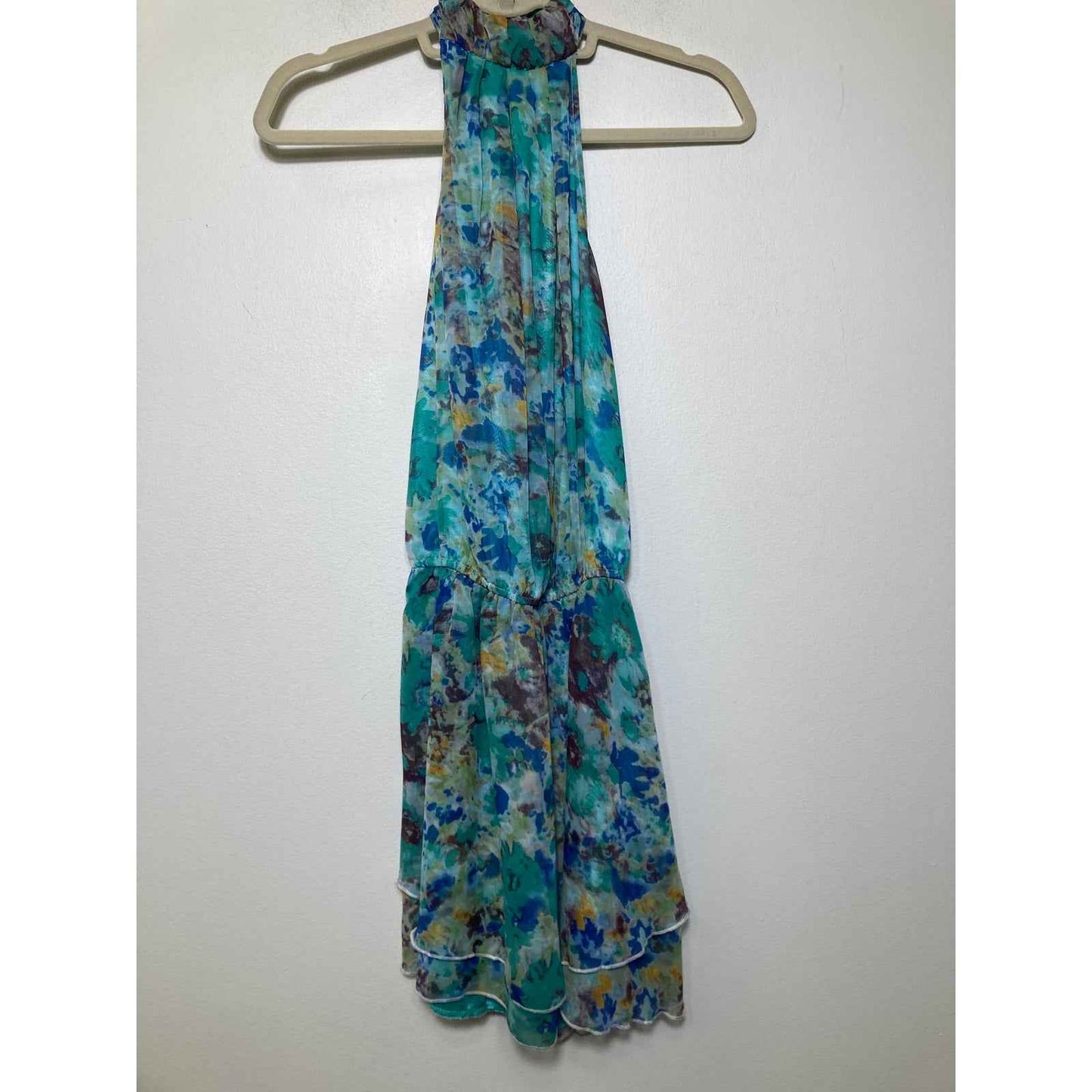Ya Los Angeles Green Water Color Print Knee Length Halter Dress Sz S