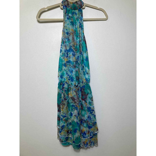 Ya Los Angeles Green Water Color Print Knee Length Halter Dress Sz S