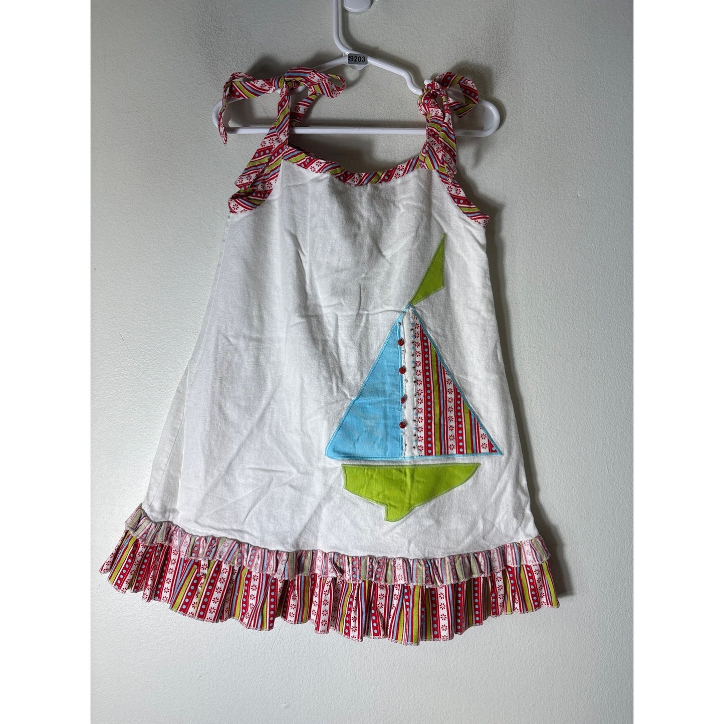 Girls vintage La Jenns White Linen Sleeveless Tie Strap Dress Saiboat App Sz 4T