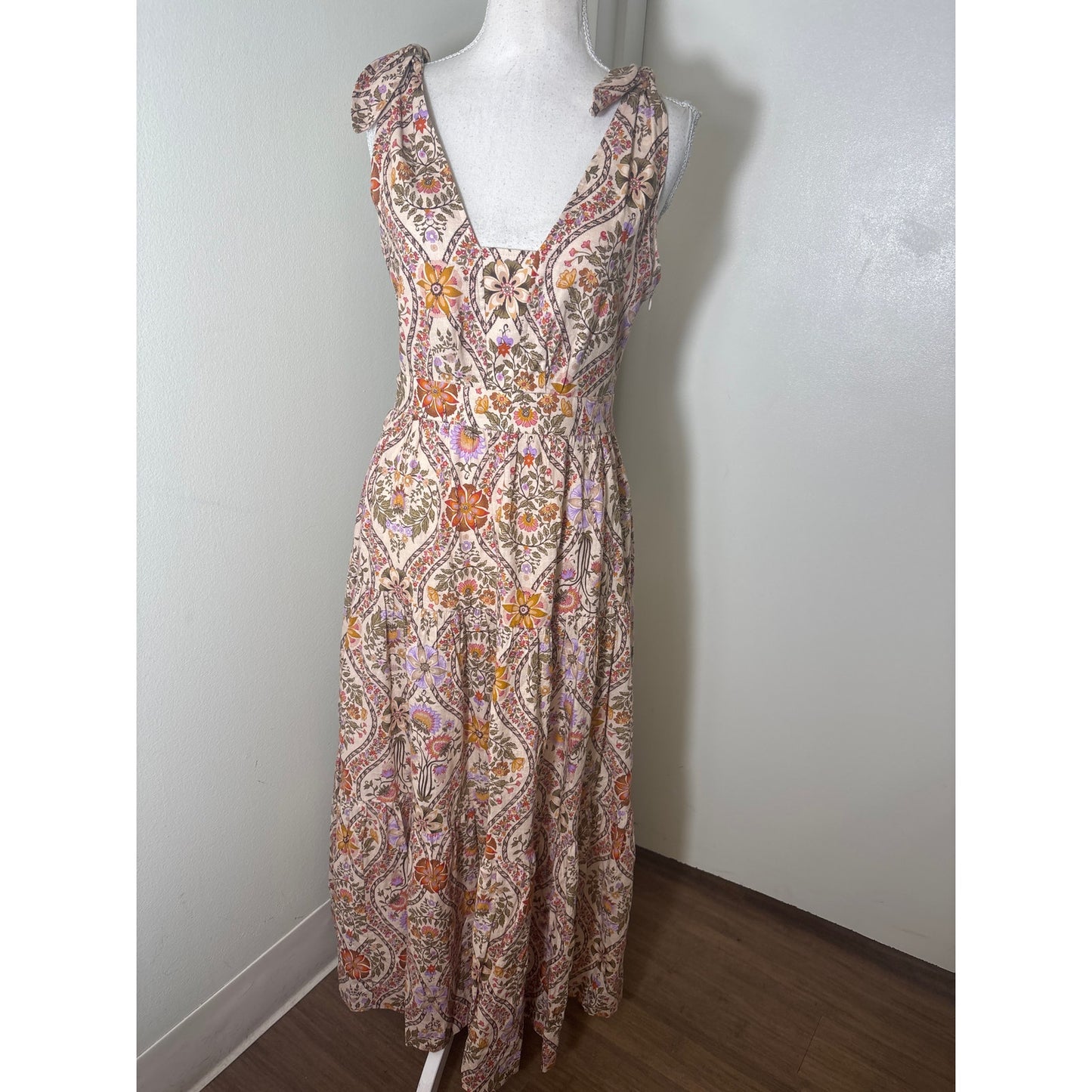 Derek Lam Orange and Pink Floral Shoulder Tie Maxi Dress Sz 4