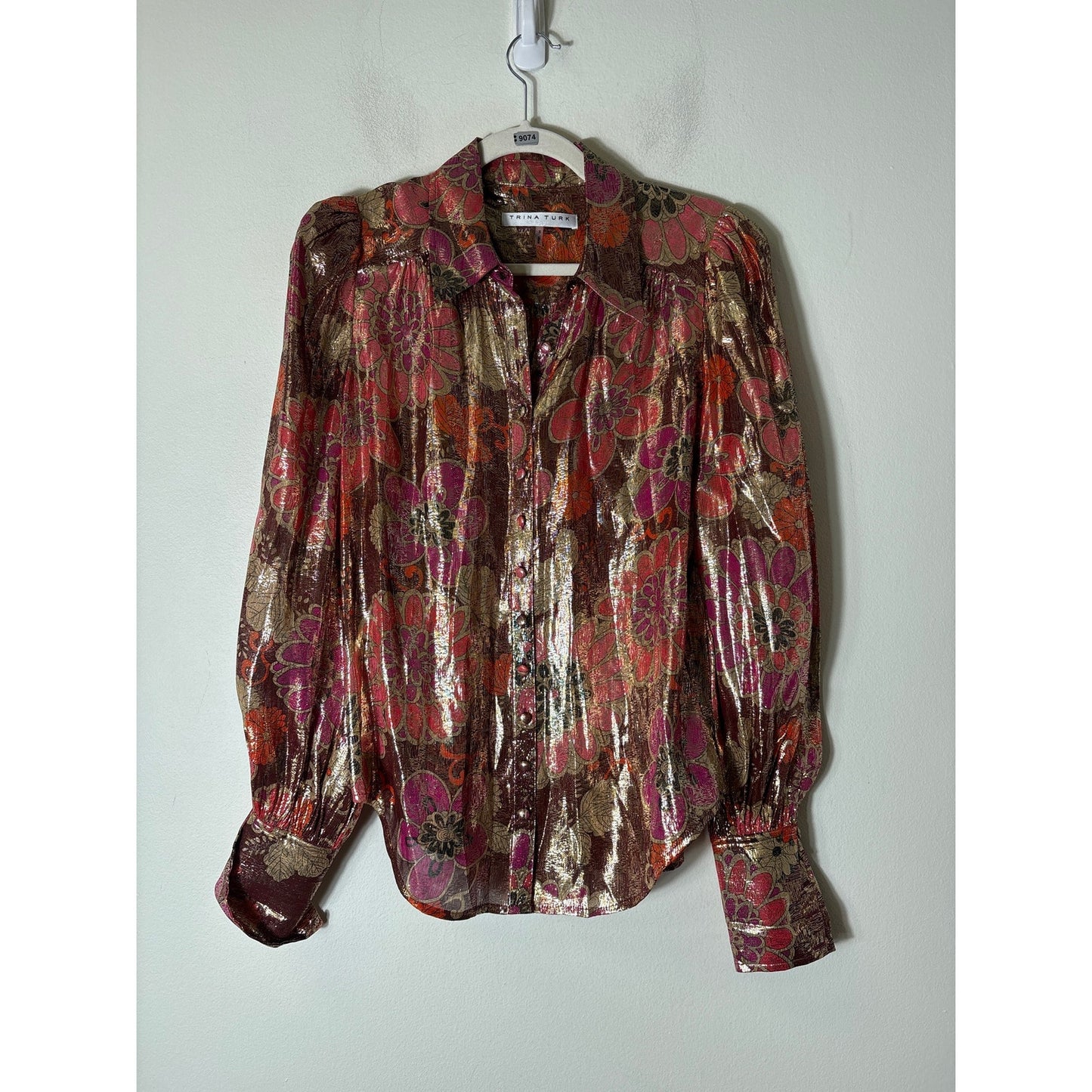 Trina Turk Gold Metallic Long Sleeve Button Up Top Sz S
