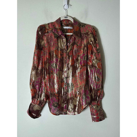 Trina Turk Gold Metallic Long Sleeve Button Up Top Sz S