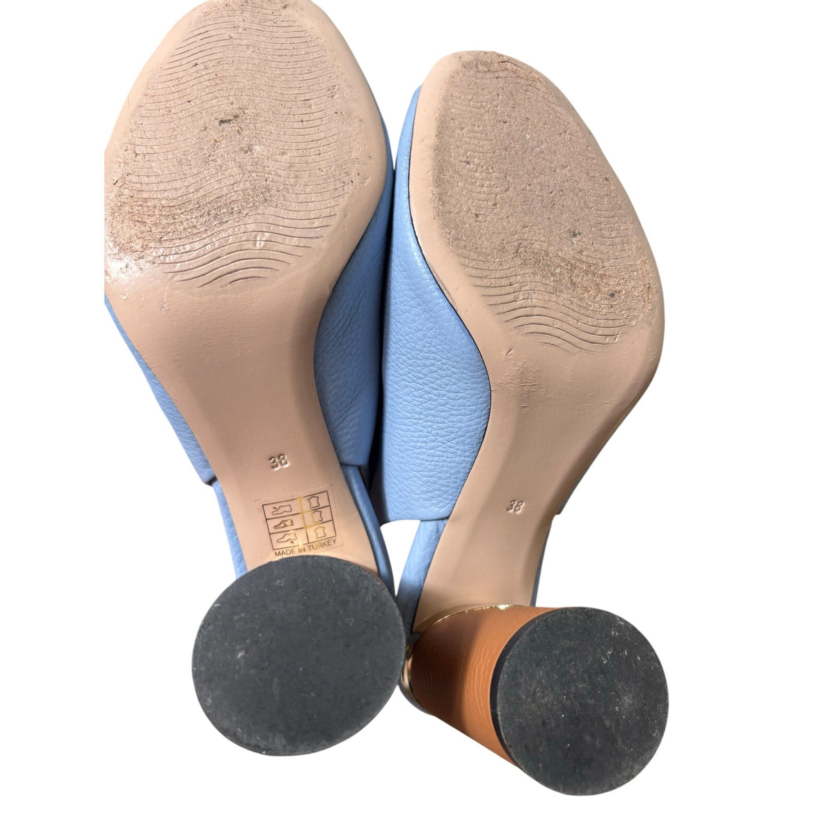 Theo Light Blue Leather Peep Toe Round Heel Pump Sz 38