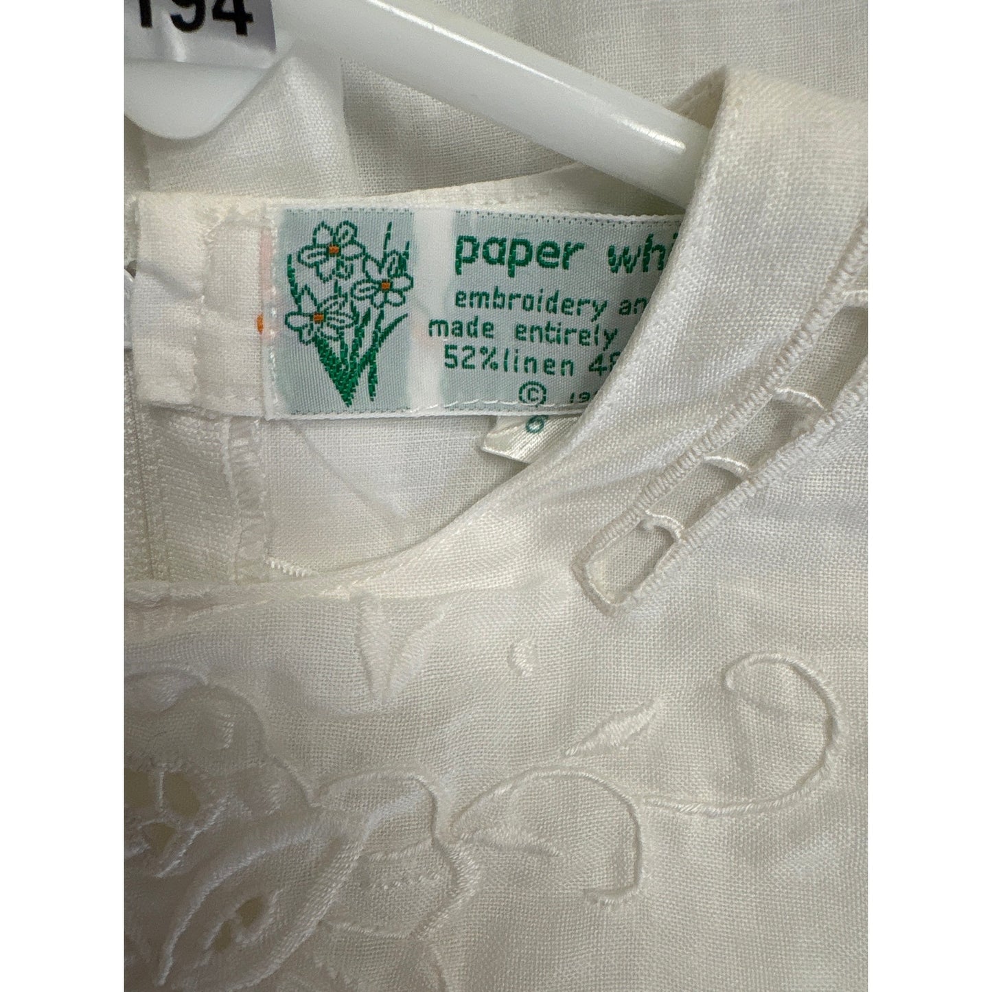 Girls Vintage Paper White Longsleeve Linen Dress / Lace&Embroidered Collar Sz 6