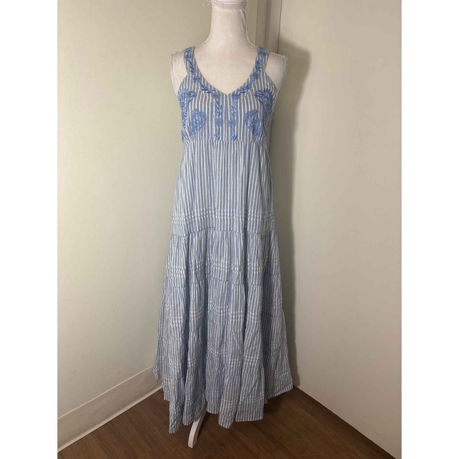 Ro's Garden Blue and White Stripe Cotton Side Zip Maxi Dress Sz