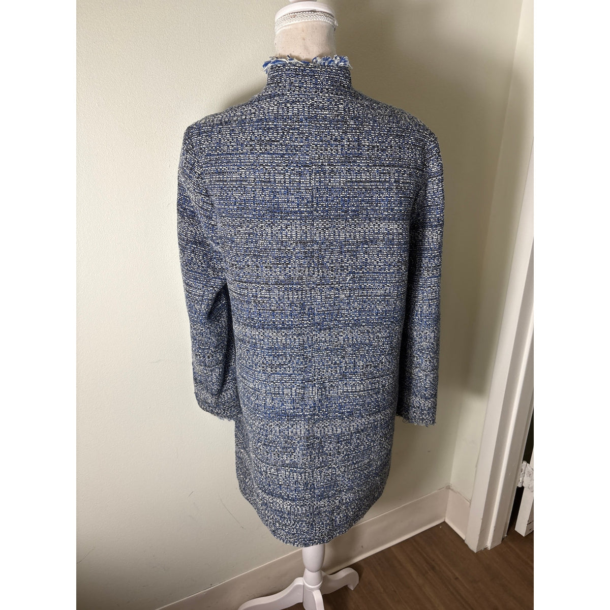 J.McLaughlin Blue and White Tween Fringed Coat Sz M