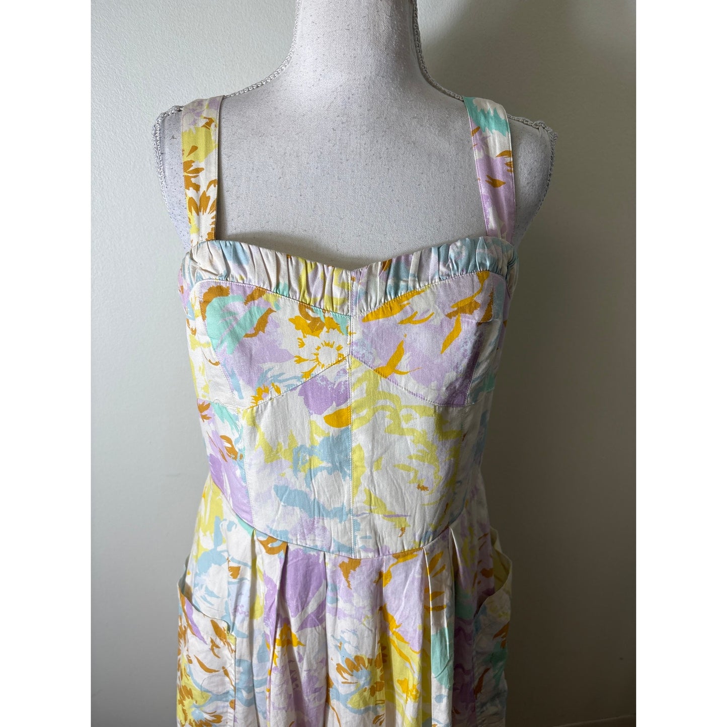Maeve Pastel Watercolor Strapless Cotton Midi Dress Sz S