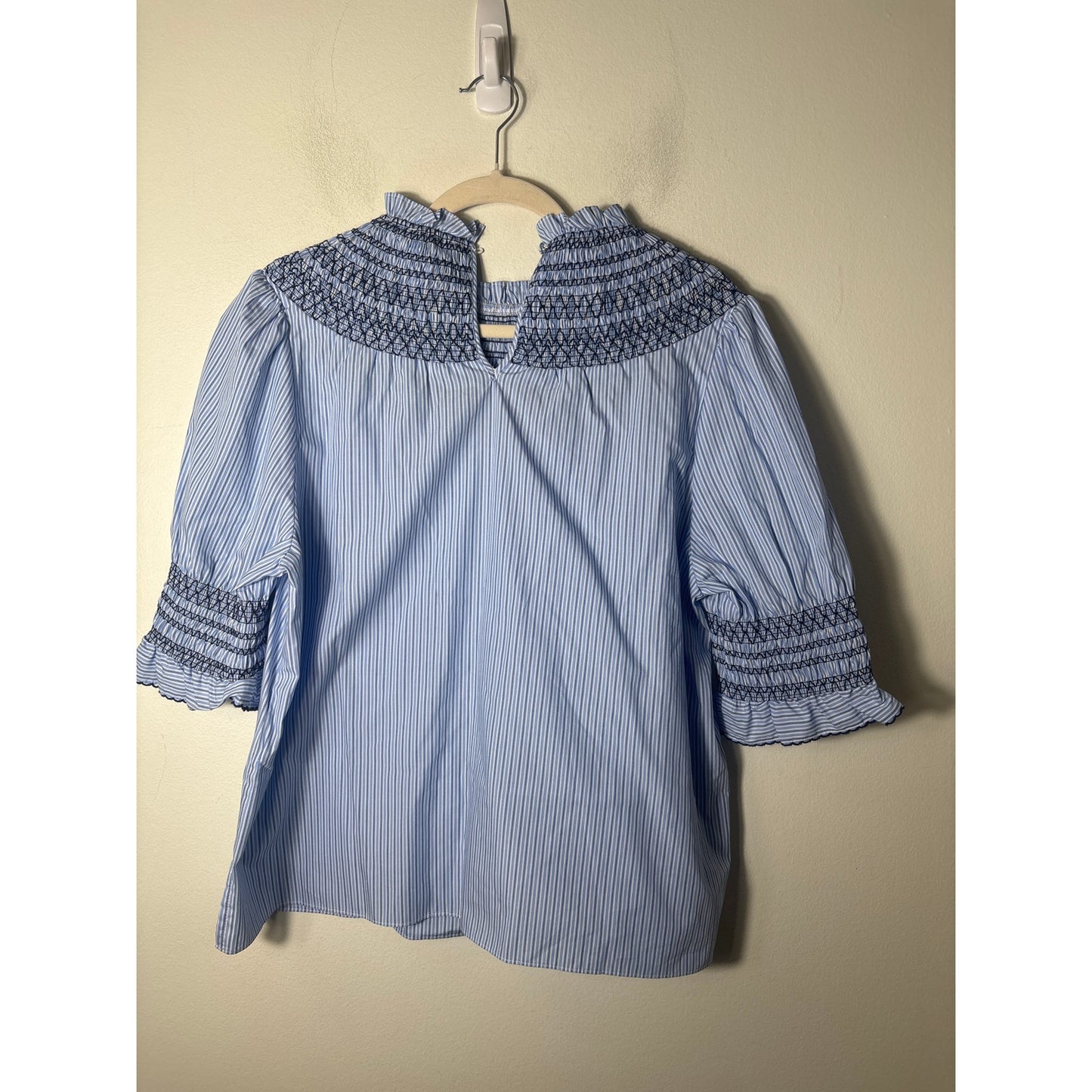 Cartolina Blue and White Striped Smocked Neckline Cotton Shirt Sz M