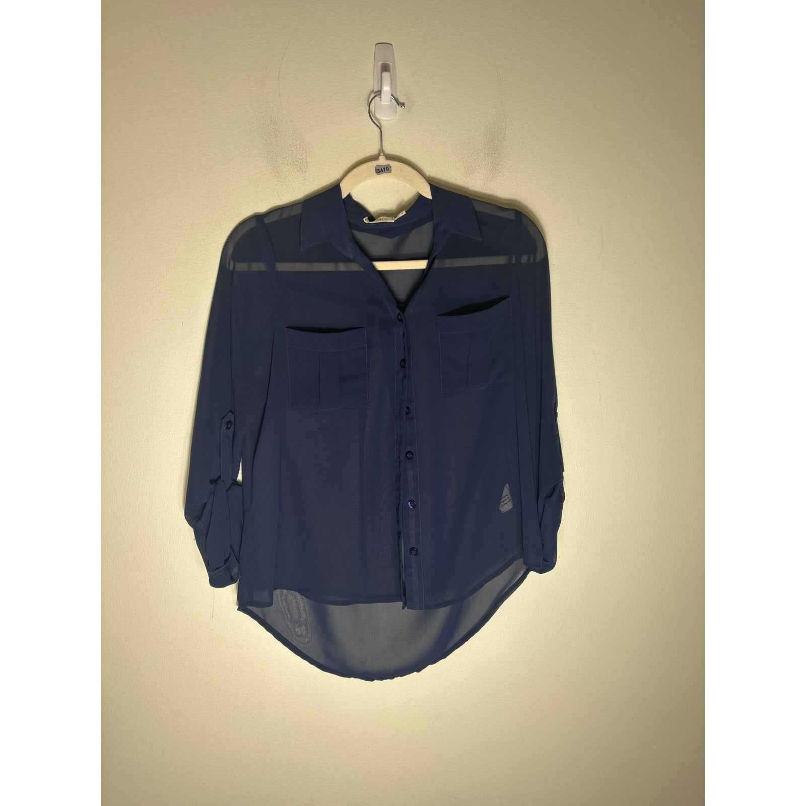 Blu Pepper Navy Long Sleeve Sheer Button Up Shirt Sz S