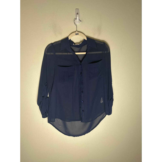 Blu Pepper Navy Long Sleeve Sheer Button Up Shirt Sz S