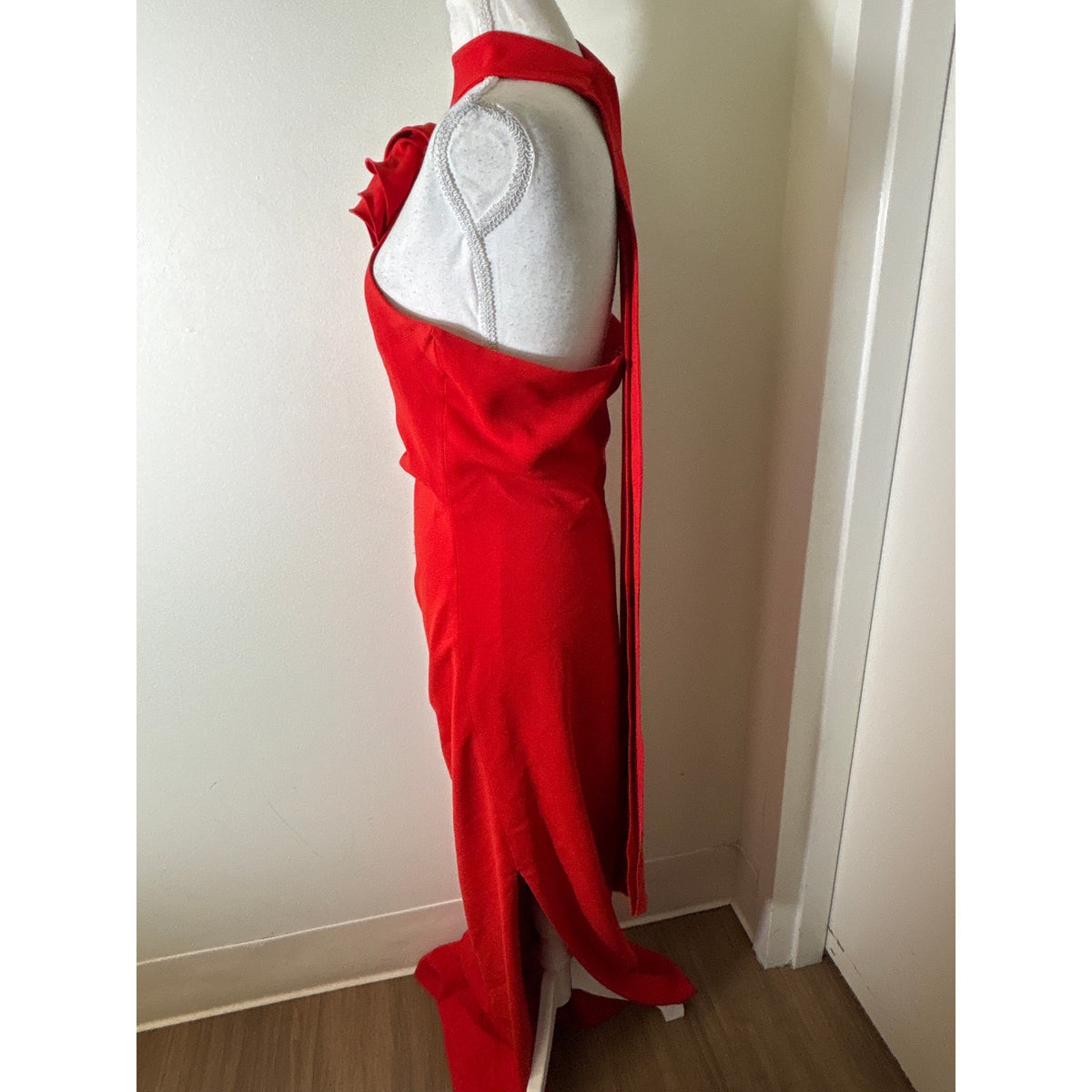 Mango MNG Capsule Red One Shoulder Floor Length Ruched Gown Sz 8