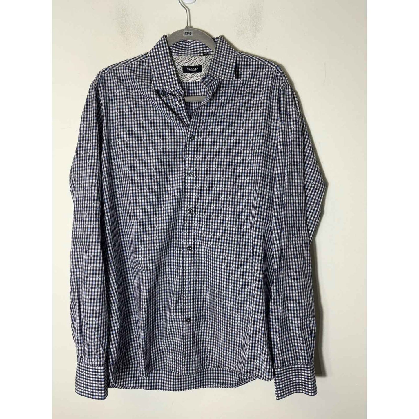 Men's Sand Copenhagen Blue Check Long Sleeve Cotton Button Down Shirt Sz 42