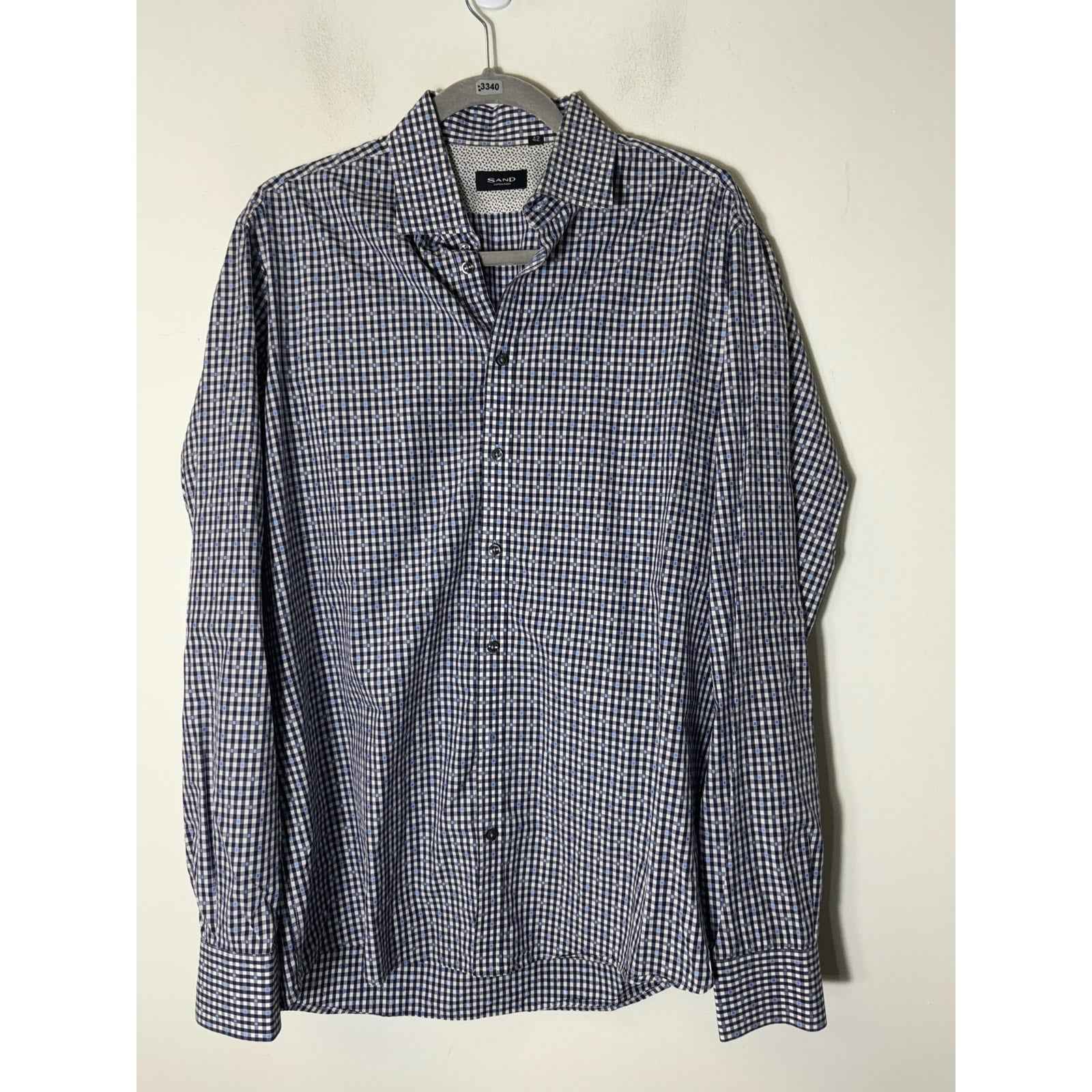 Men's Sand Copenhagen Blue Check Long Sleeve Cotton Button Down Shirt Sz 42