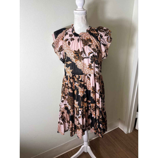 Karlie Pink Brown & Black Floral Flutter Sleeve Tiered Dress Sz L