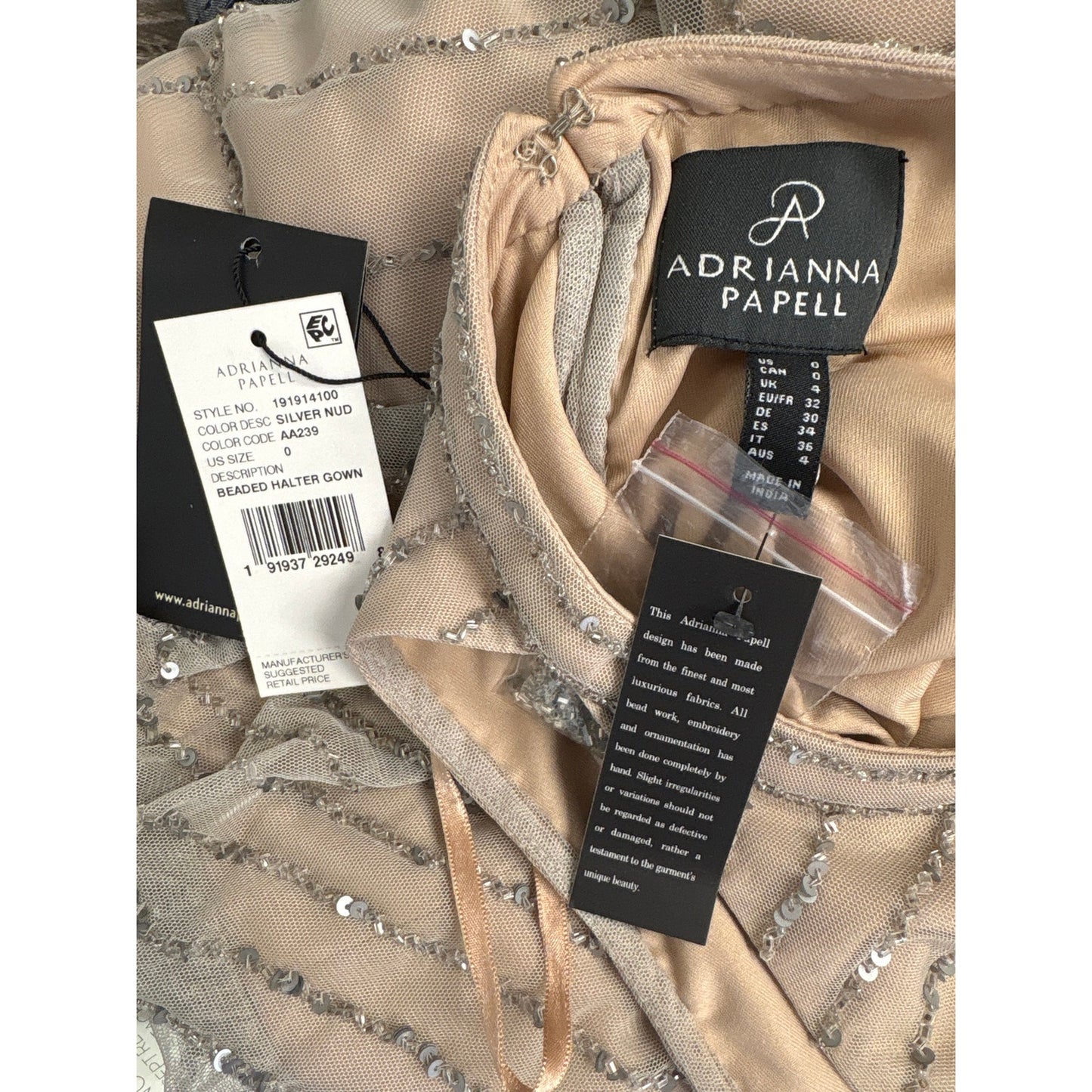 NWT Adrianna Papell Silver Sequin Nude Halter Gown Sz 0
