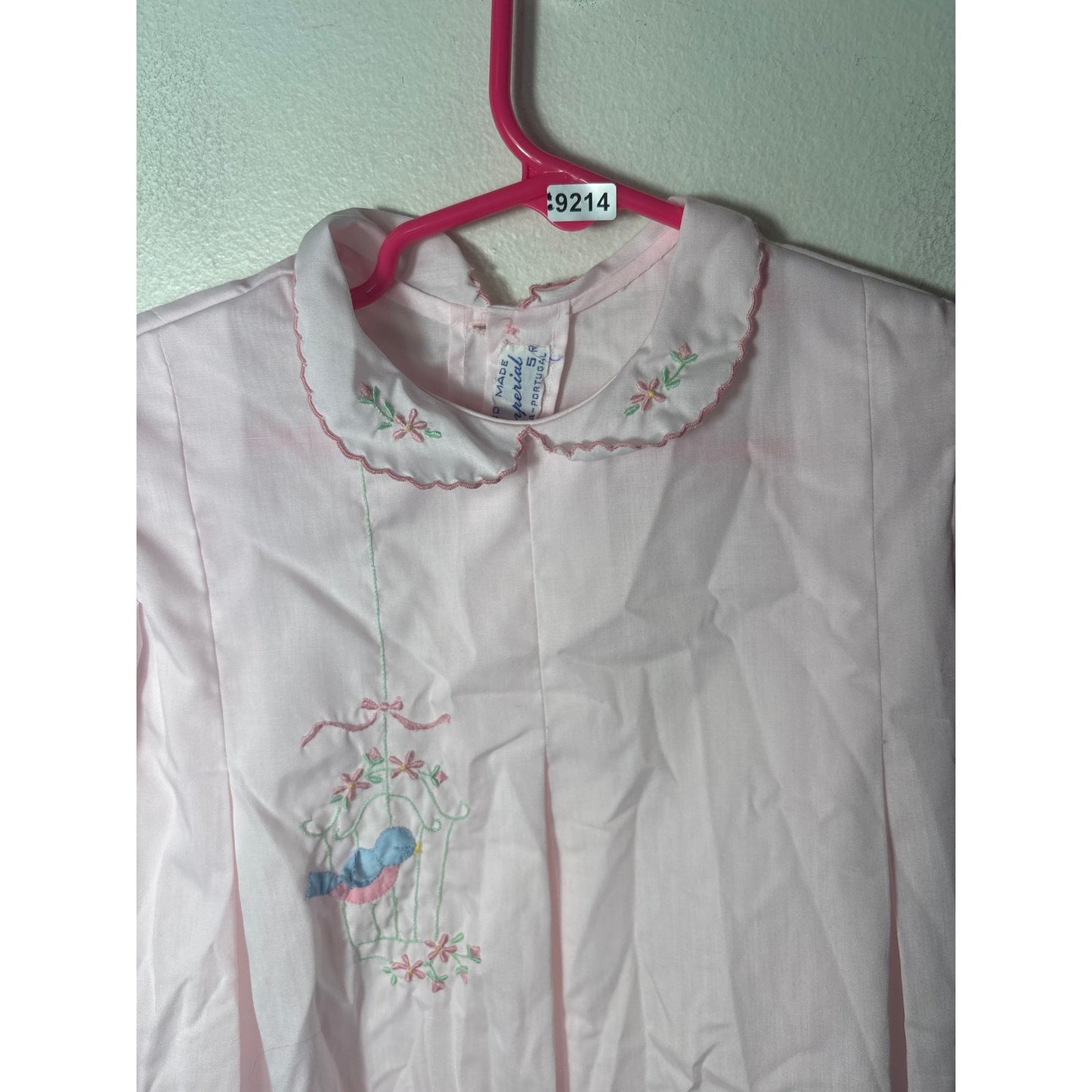 Girls Vintage Imperial Pink Puff Sleeve dress with embroidered bird Sz 5