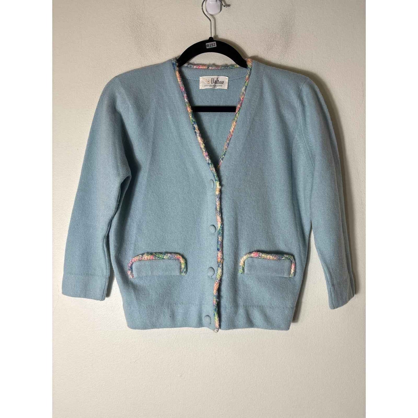 Vintage Dalton Cashmere Light Blue Cardigan with Knit Trim Sz XS