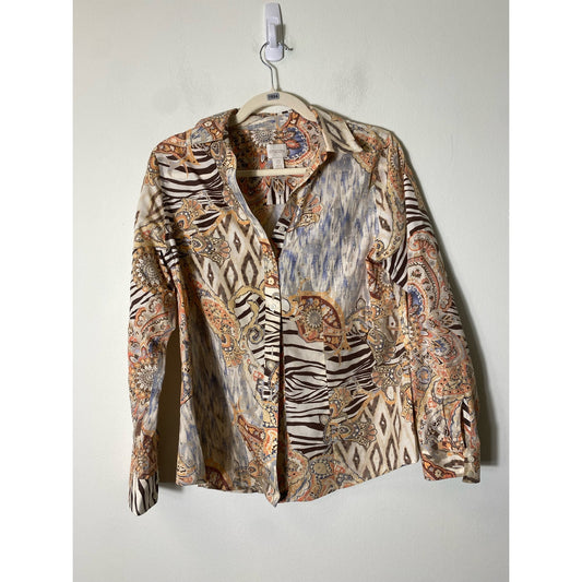 Chico's Tan Orange Print Long Sleeve Button Up Shirt Sz 0 (4)