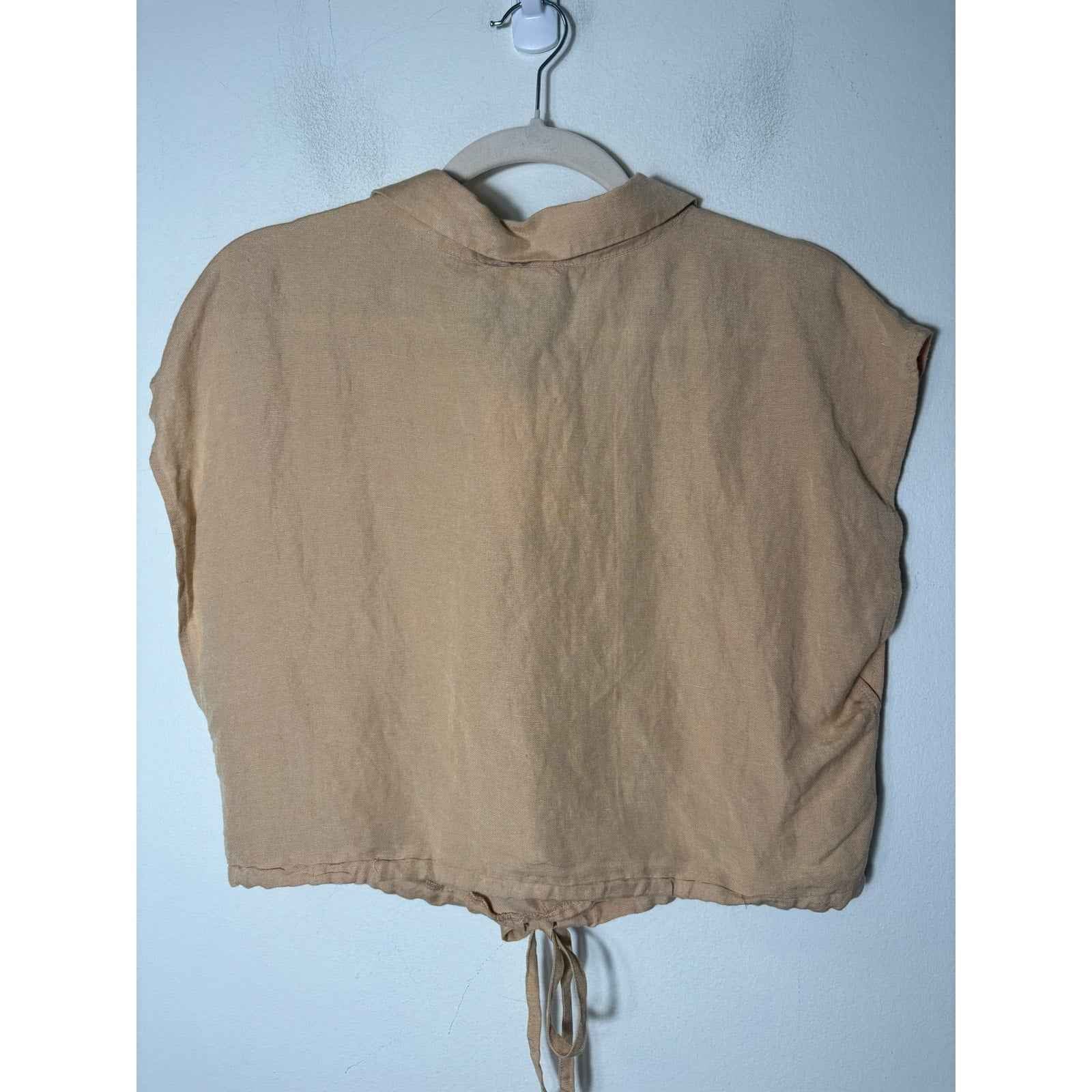 NWT Elan Beige Short Sleeve Linen Tie Top Sz L