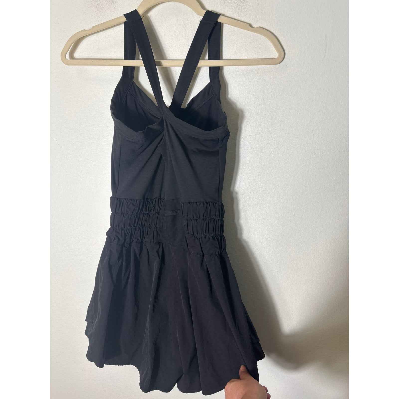 Super Cute Black Athletic Skort Romper with Bubble Skirt and Criss Cross Back S