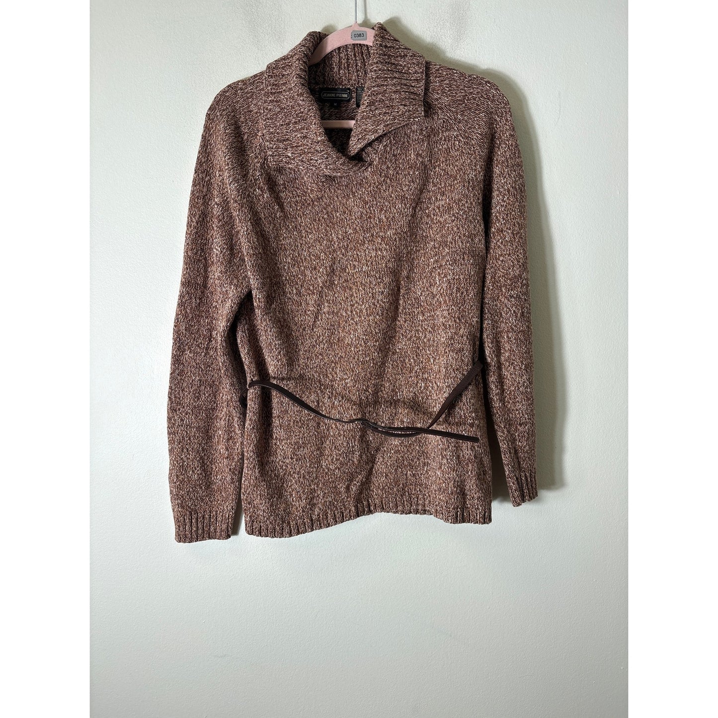 Jeanne Pierre Brown Knit Cotton Foldover Collar Sweater Sz M