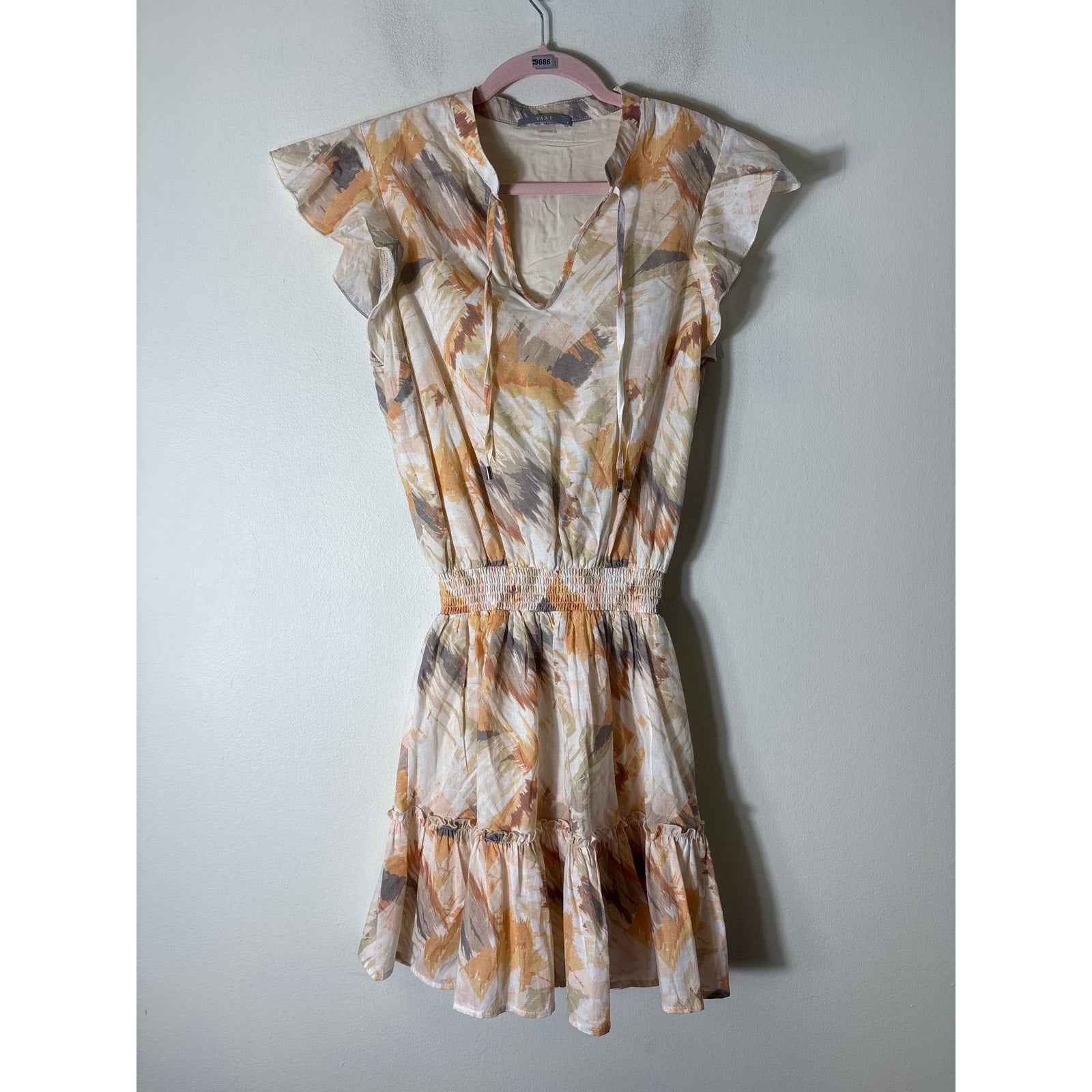 Tart Yellow Brush Stroke Flutter Sleeve Mini Dress Sz S