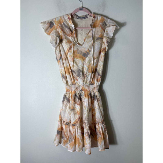 Tart Yellow Brush Stroke Flutter Sleeve Mini Dress Sz S
