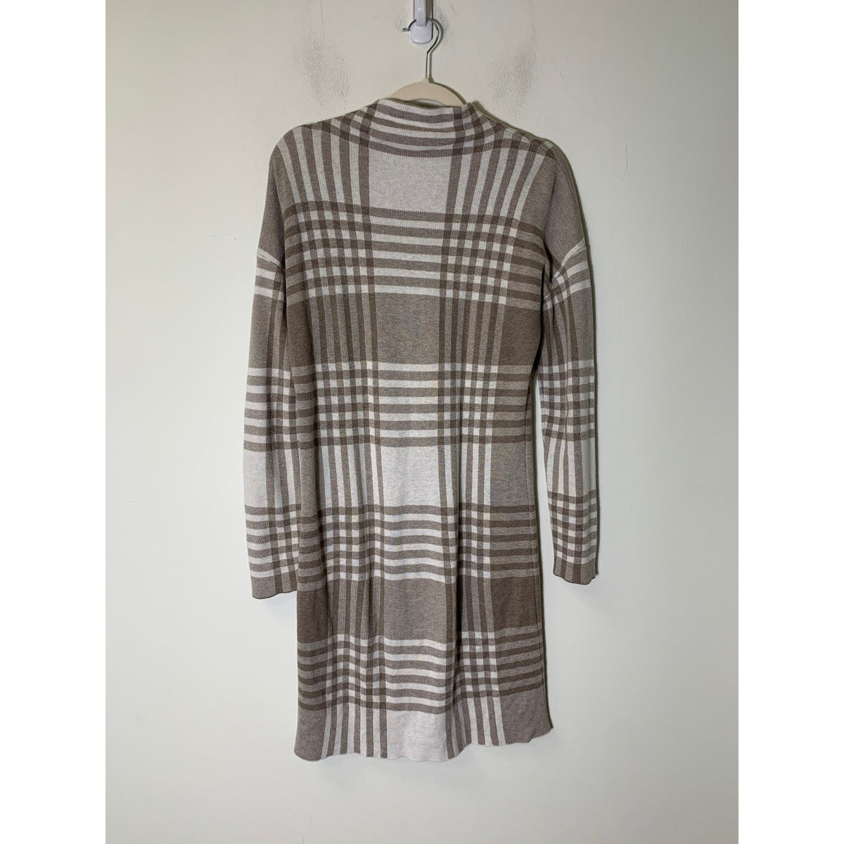 Max Studio Tan Off White Plaid Long Sleeve Knit Midi Sweater Dress Sz S