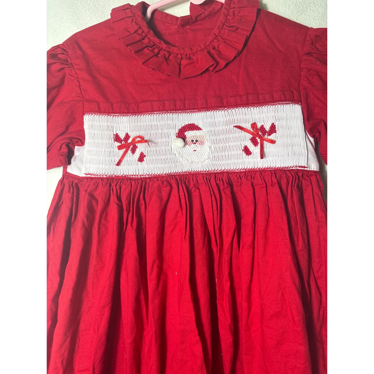 Girls Vintage Red Cotton Smocked Santa puff sleeve Dress Sz 5