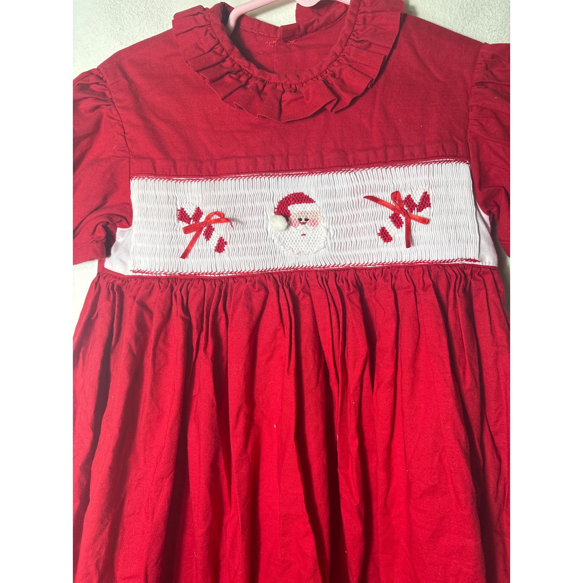 Girls Vintage Red Cotton Smocked Santa puff sleeve Dress Sz 5